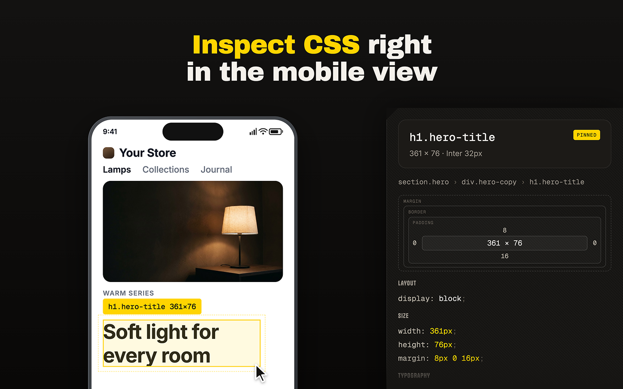 The CSS inspector reading an element inside a phone frame